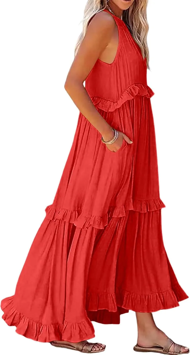 Women's Summer Maxi Dress Casual Boho Sleeveless Spaghetti Strap Smocked Tiered Long Beach Sexly Loose Sun Dresses