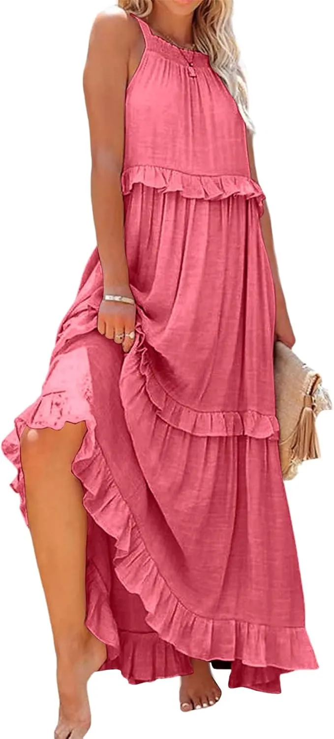 Women's Summer Maxi Dress Casual Boho Sleeveless Spaghetti Strap Smocked Tiered Long Beach Sexly Loose Sun Dresses