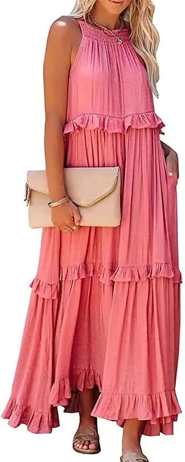 Women's Summer Maxi Dress Casual Boho Sleeveless Spaghetti Strap Smocked Tiered Long Beach Sexly Loose Sun Dresses