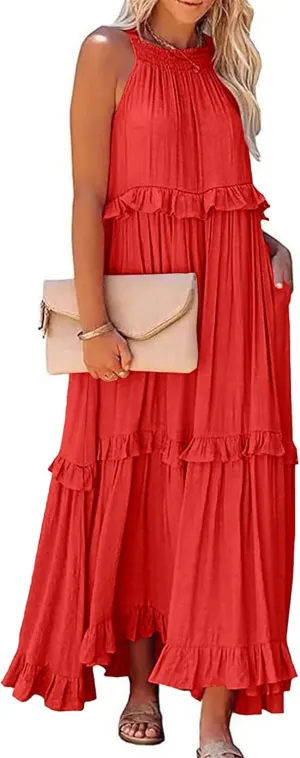 Women's Summer Maxi Dress Casual Boho Sleeveless Spaghetti Strap Smocked Tiered Long Beach Sexly Loose Sun Dresses