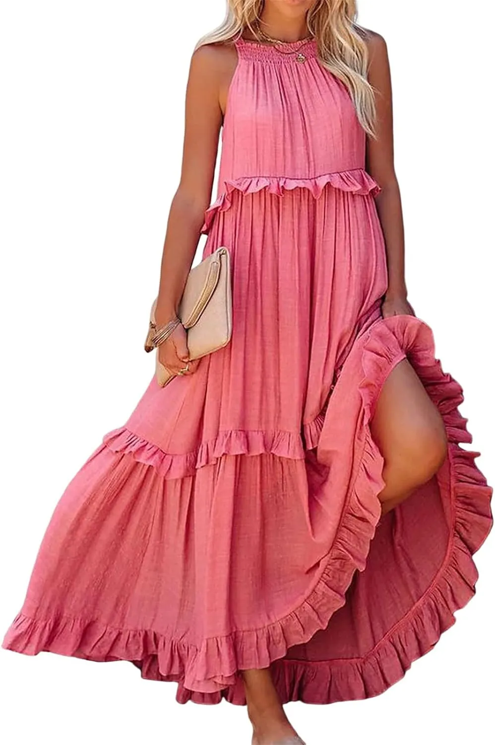 Women's Summer Maxi Dress Casual Boho Sleeveless Spaghetti Strap Smocked Tiered Long Beach Sexly Loose Sun Dresses