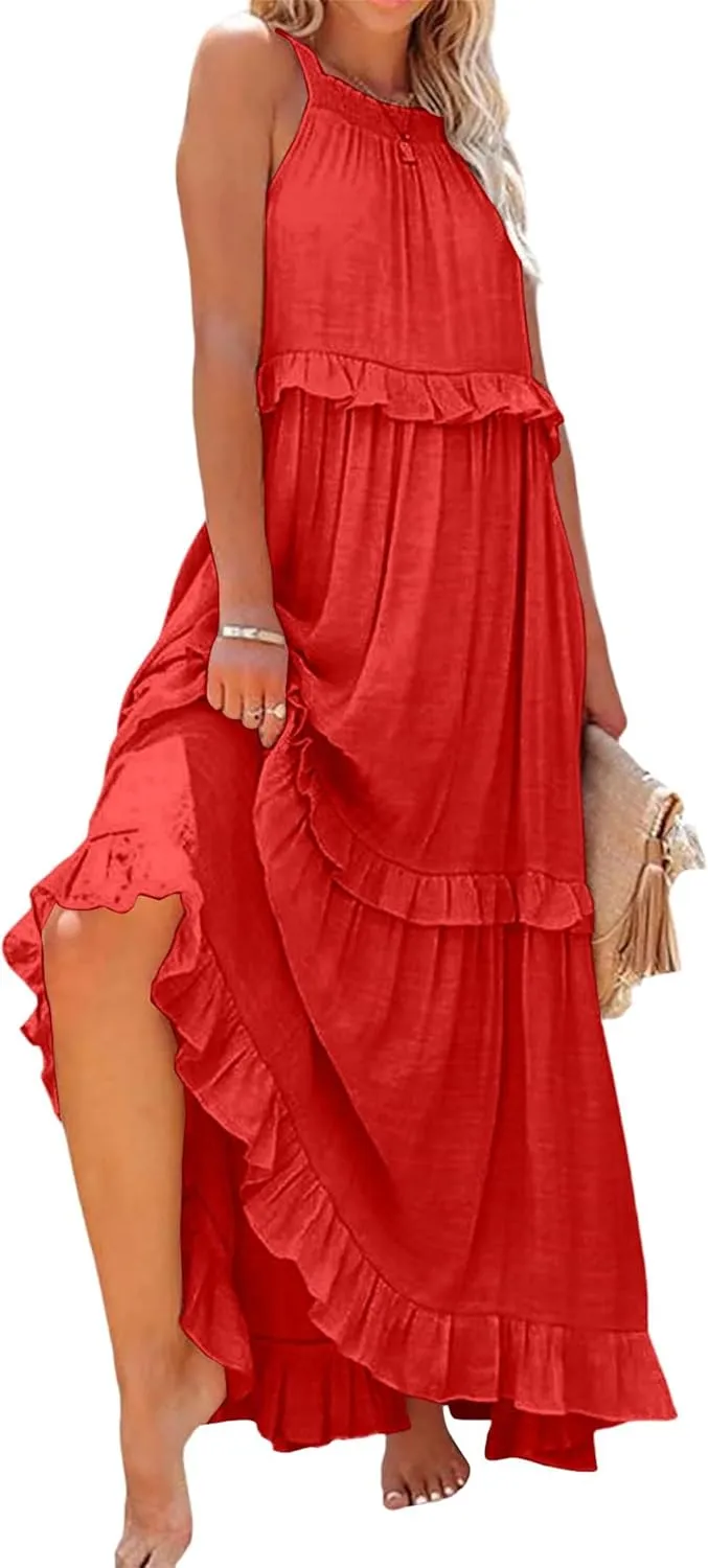 Women's Summer Maxi Dress Casual Boho Sleeveless Spaghetti Strap Smocked Tiered Long Beach Sexly Loose Sun Dresses