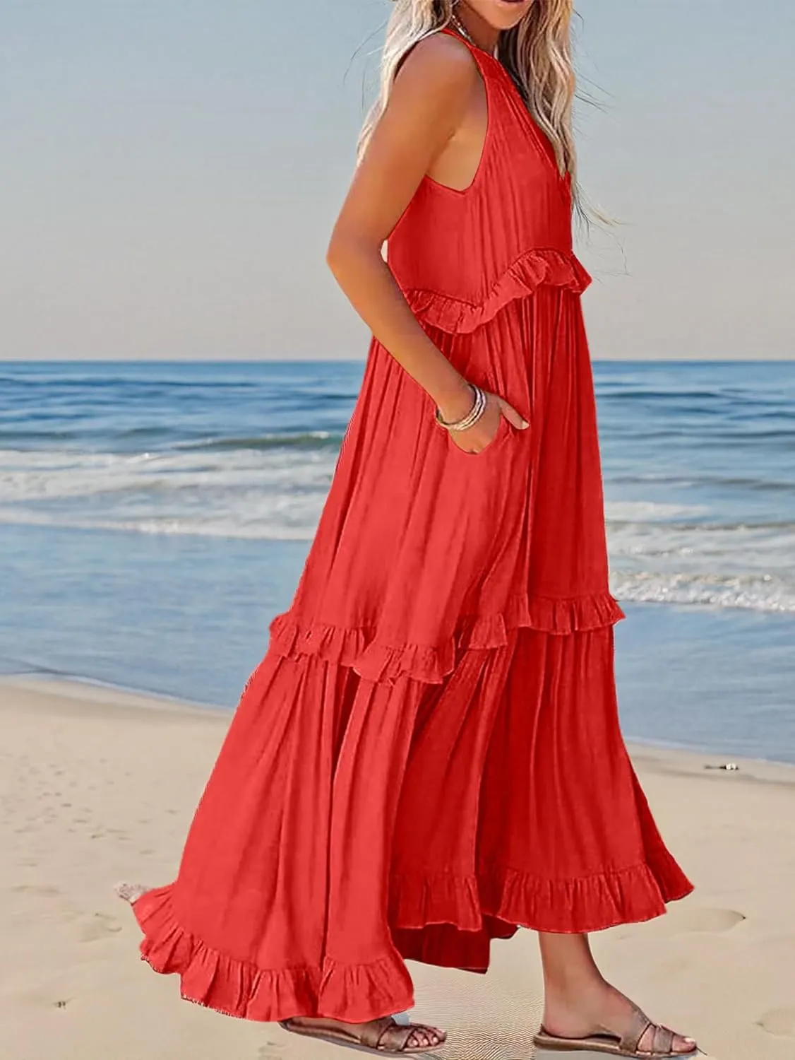 Women's Summer Maxi Dress Casual Boho Sleeveless Spaghetti Strap Smocked Tiered Long Beach Sexly Loose Sun Dresses