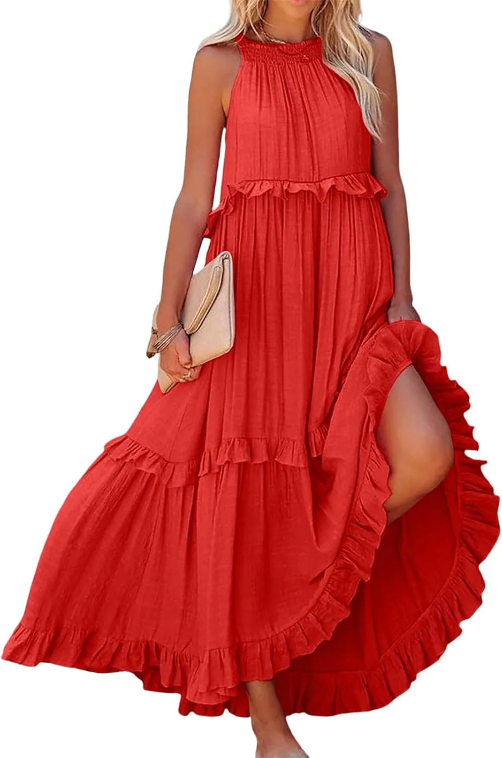 Women's Summer Maxi Dress Casual Boho Sleeveless Spaghetti Strap Smocked Tiered Long Beach Sexly Loose Sun Dresses
