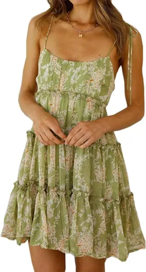 Womens Summer Mini Dress Boho Swing Dresses Spaghetti Strap Floral Short Beach Dress
