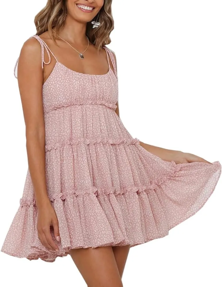 Womens Summer Mini Dress Boho Swing Dresses Spaghetti Strap Floral Short Beach Dress