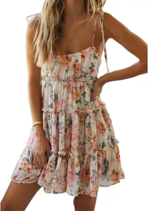 Womens Summer Mini Dress Boho Swing Dresses Spaghetti Strap Floral Short Beach Dress