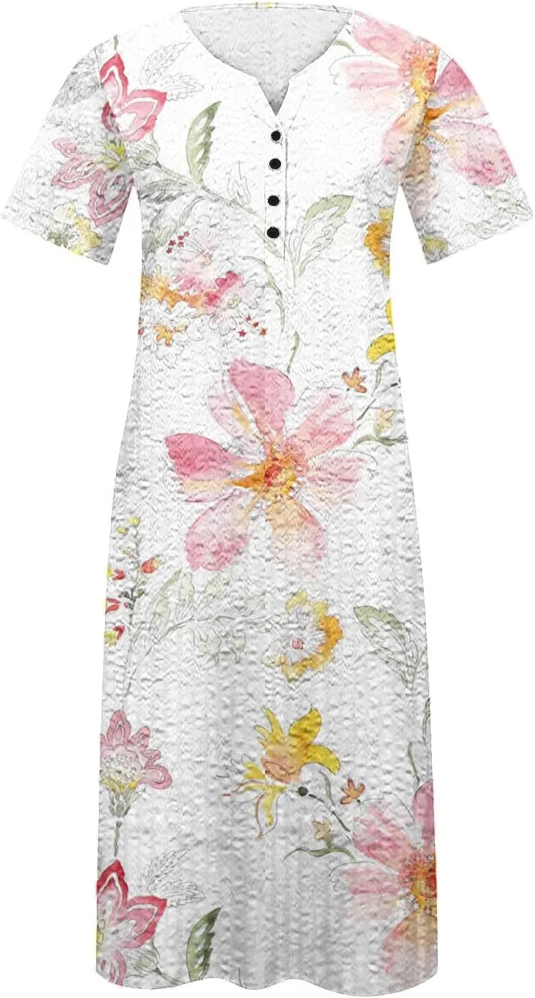 Womens Summer Short Sleeve Wrap V Neck Mini Sundress Button Down Boho Floral Long Dress Basic Casual Dresses 2025