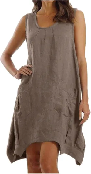 Women's Summer Sleeveless Cotton Linen Tank Dress Loose A-line Beach Dresses with Pockets Plus Size Loose Midi Dress