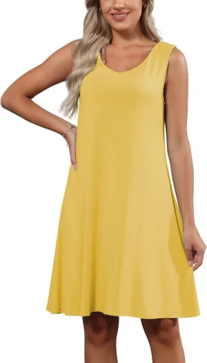 Women's Summer T-Shirt Dress Scoop Neck Sleeveless Loose A-Line Sundress Casual Beach Cover up Tank Dresses