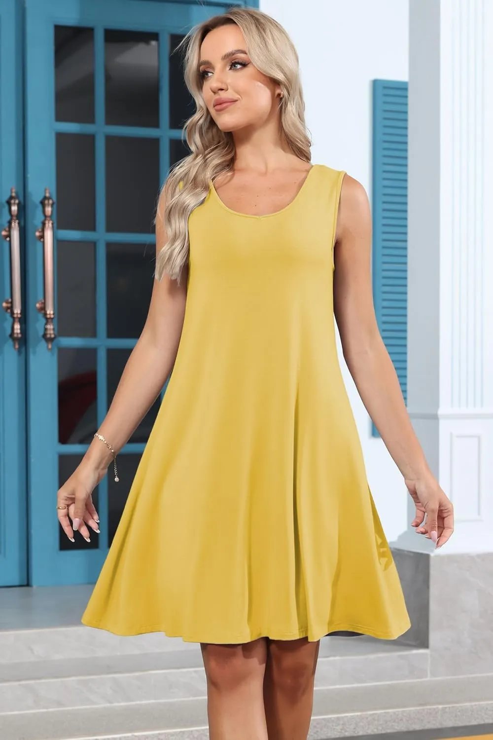 Women's Summer T-Shirt Dress Scoop Neck Sleeveless Loose A-Line Sundress Casual Beach Cover up Tank Dresses