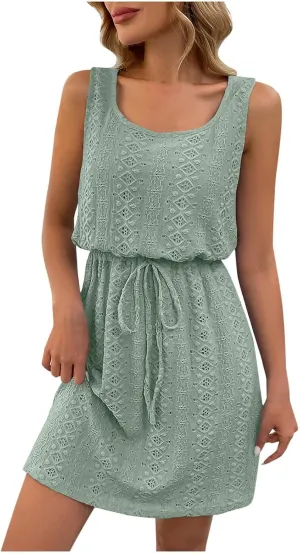 Womens Summer Tank Dress Drawstring Waist Dressy Casual Sleeveless Mini Sundress Casual Cute Jacquard Dresses 2025