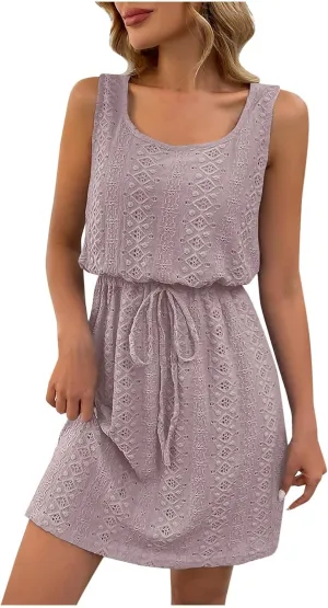 Womens Summer Tank Dress Drawstring Waist Dressy Casual Sleeveless Mini Sundress Casual Cute Jacquard Dresses 2025