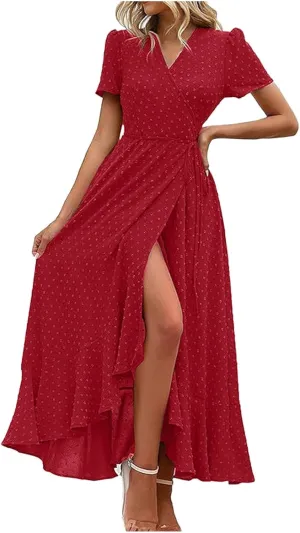 Women's Summer Wrap Maxi Dress Casual Boho Floral V Neck Short Sleeve Ruffle Hem Split Beach Long Dress Casual