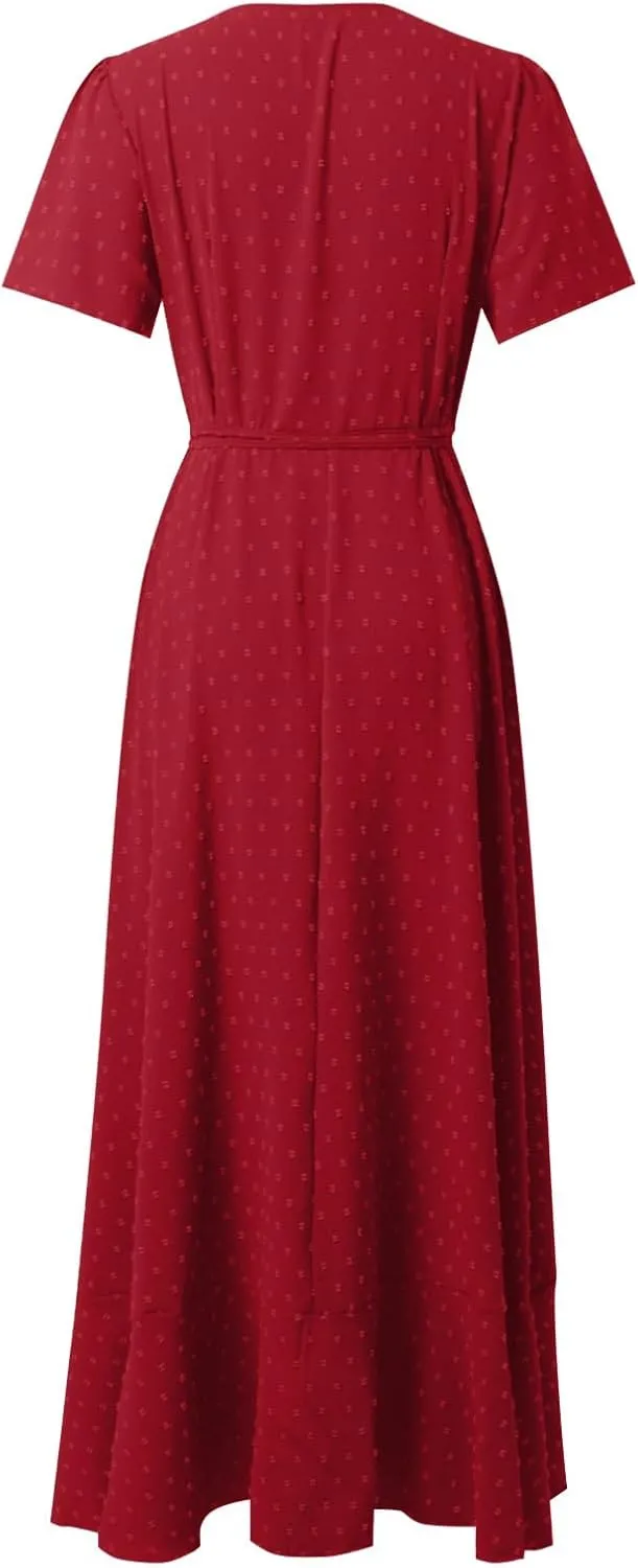 Women's Summer Wrap Maxi Dress Casual Boho Floral V Neck Short Sleeve Ruffle Hem Split Beach Long Dress Casual