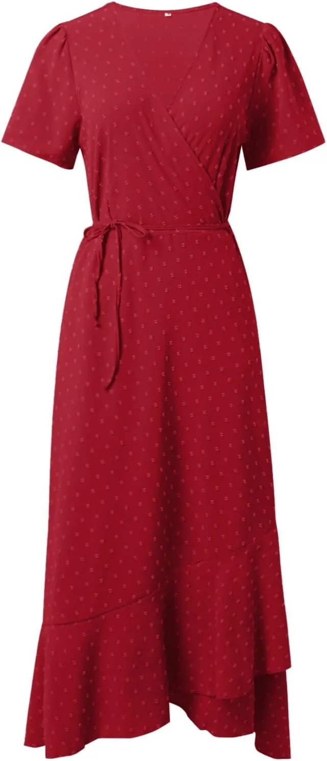 Women's Summer Wrap Maxi Dress Casual Boho Floral V Neck Short Sleeve Ruffle Hem Split Beach Long Dress Casual