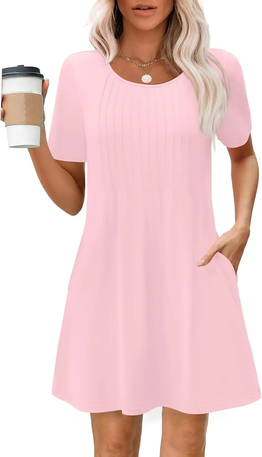Womens Sundresses Summer Beach Vacation Tshirt Mini Dress Pleated Round Neck Shirt Dresses with Pockets