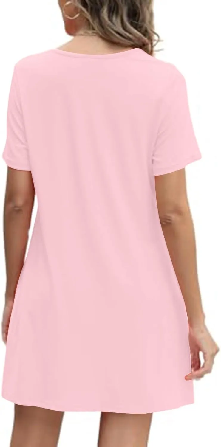 Womens Sundresses Summer Beach Vacation Tshirt Mini Dress Pleated Round Neck Shirt Dresses with Pockets