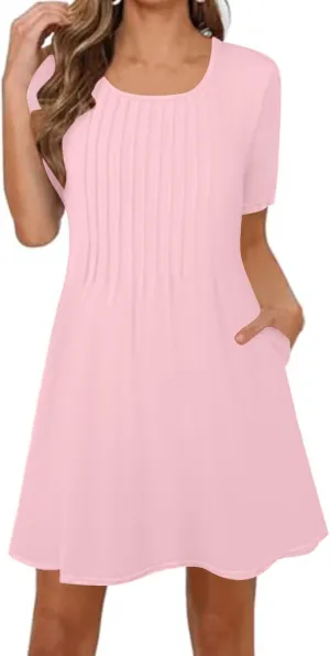 Womens Sundresses Summer Beach Vacation Tshirt Mini Dress Pleated Round Neck Shirt Dresses with Pockets
