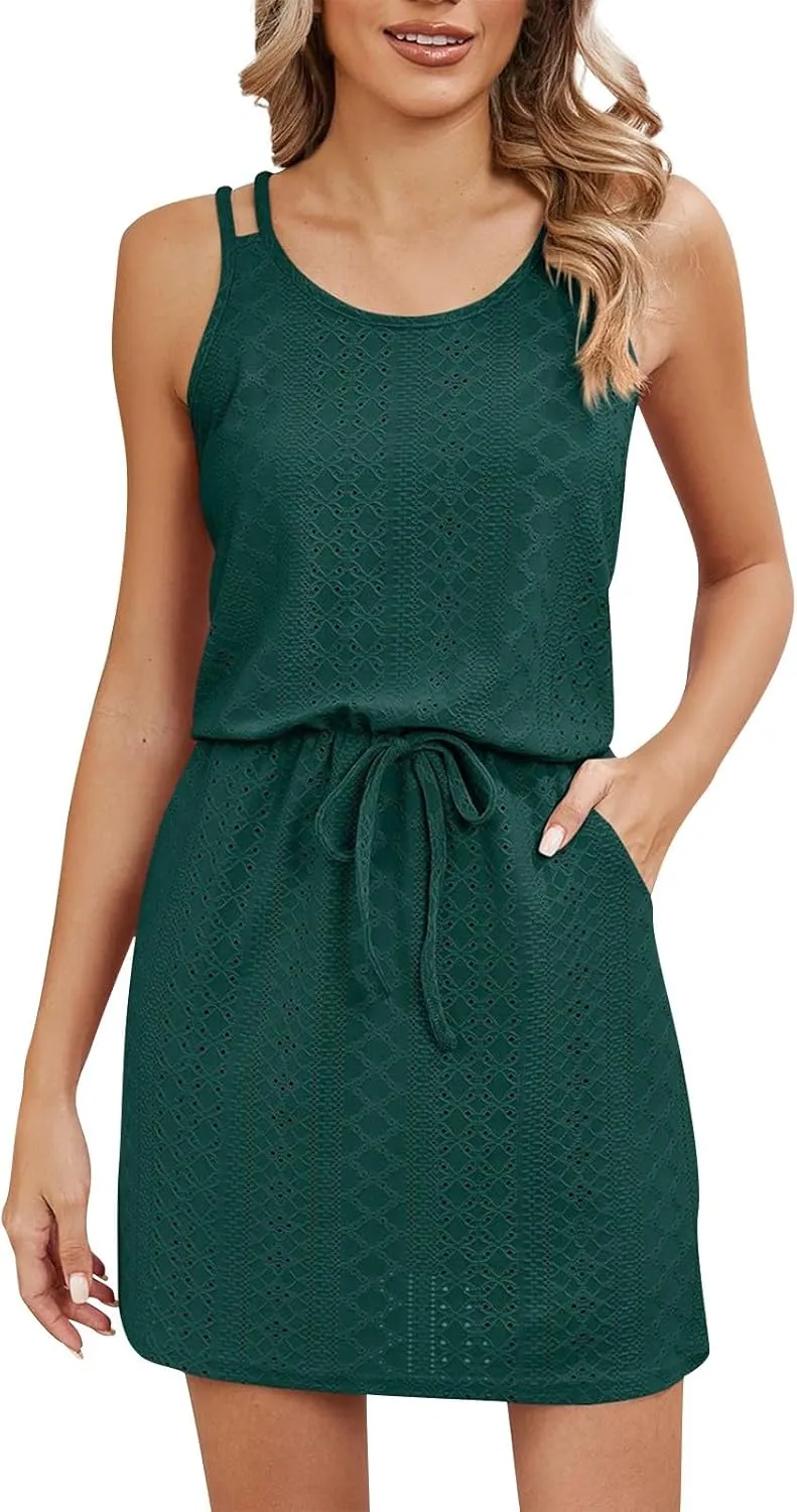 Womens Sundresses Summer Hollow Out Swimsuit Cover Up Cross Back Eyelets Beach Dress Flowy Spaghetti Strap Dress