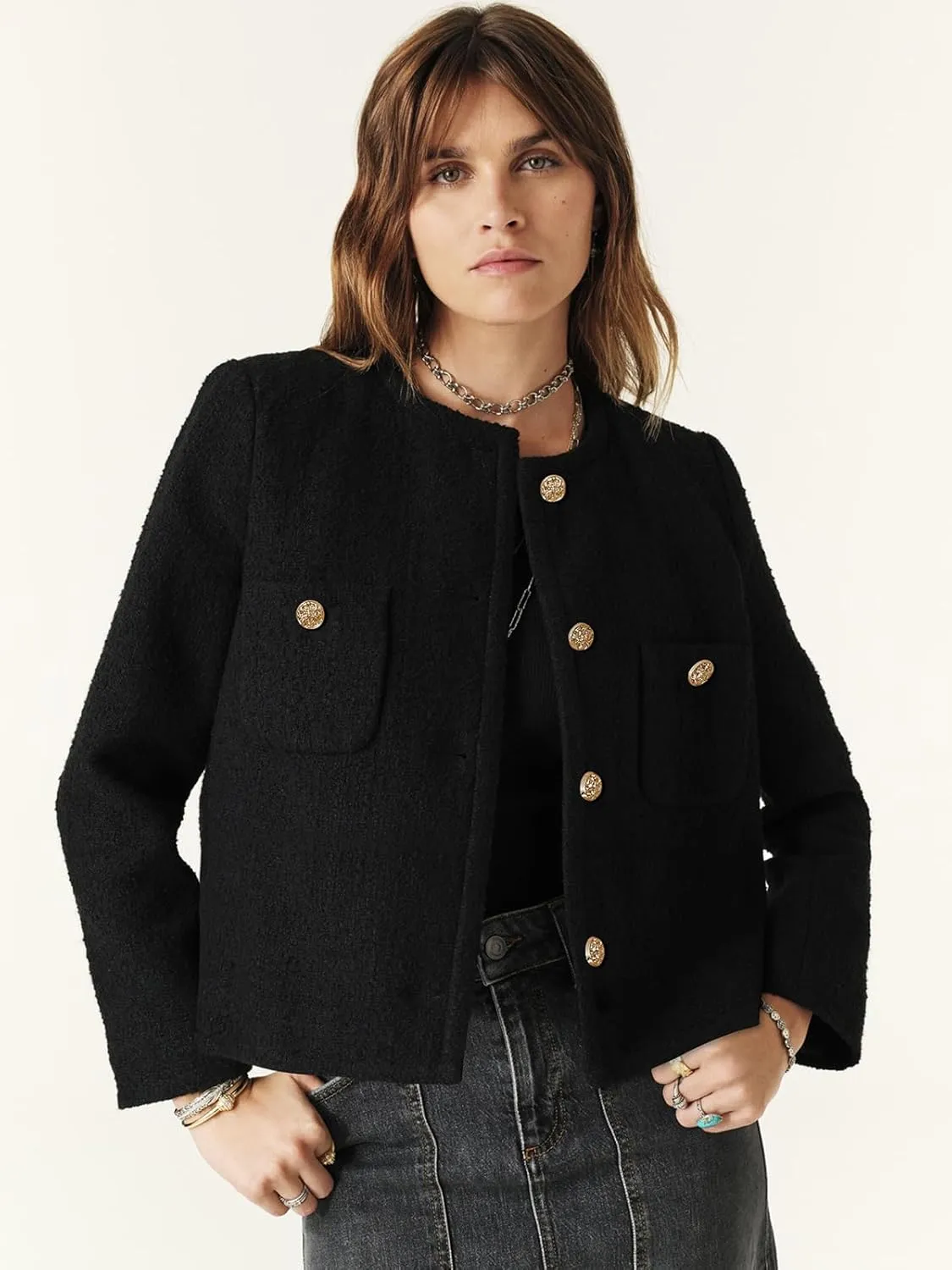 Women's Tweed Jackets Long Sleeve Business Button Down Casual Cropped Blazer with Pockets