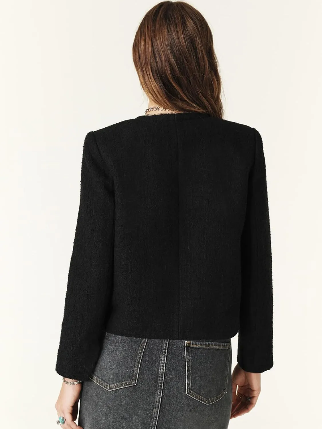 Women's Tweed Jackets Long Sleeve Business Button Down Casual Cropped Blazer with Pockets