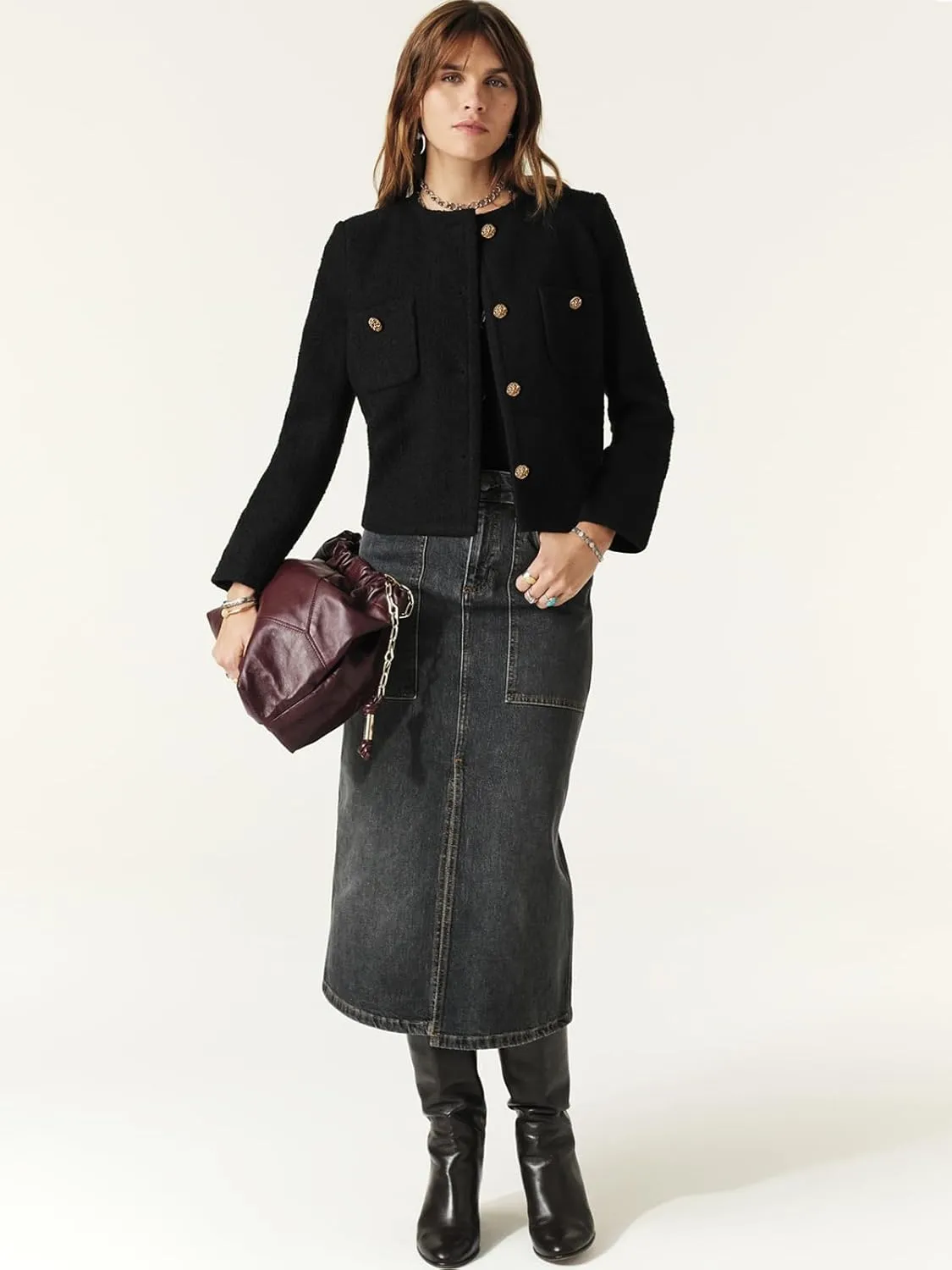 Women's Tweed Jackets Long Sleeve Business Button Down Casual Cropped Blazer with Pockets