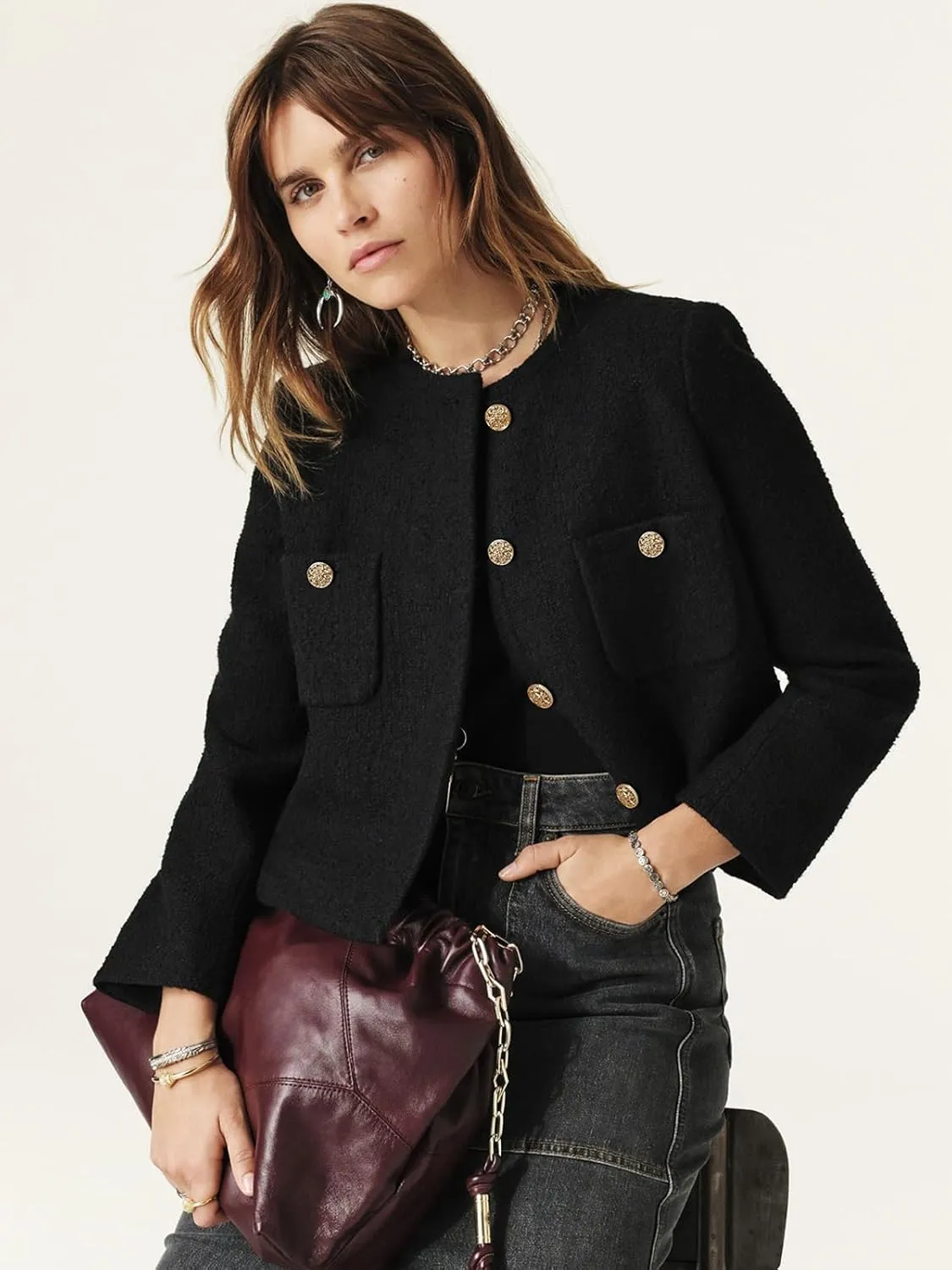 Women's Tweed Jackets Long Sleeve Business Button Down Casual Cropped Blazer with Pockets