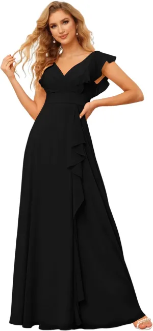 Women's V-Neck Bridesmaid Dresses 2025 Chiffon Ruffles Formal Dress A-Line Evening Gown with Split