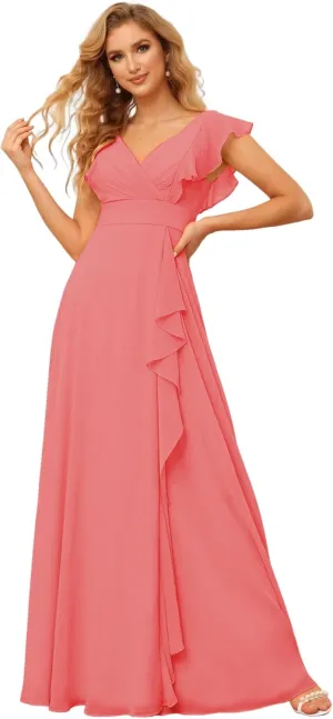 Women's V-Neck Bridesmaid Dresses 2025 Chiffon Ruffles Formal Dress A-Line Evening Gown with Split