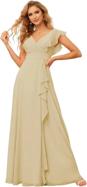 Women's V-Neck Bridesmaid Dresses 2025 Chiffon Ruffles Formal Dress A-Line Evening Gown with Split