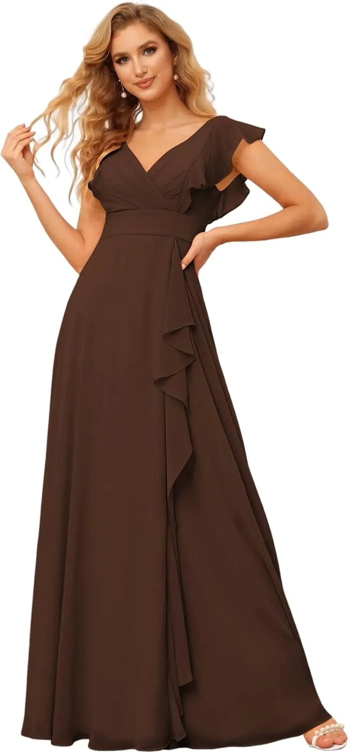 Women's V-Neck Bridesmaid Dresses 2025 Chiffon Ruffles Formal Dress A-Line Evening Gown with Split