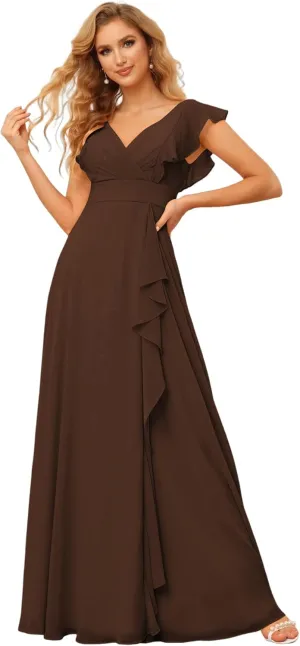 Women's V-Neck Bridesmaid Dresses 2025 Chiffon Ruffles Formal Dress A-Line Evening Gown with Split