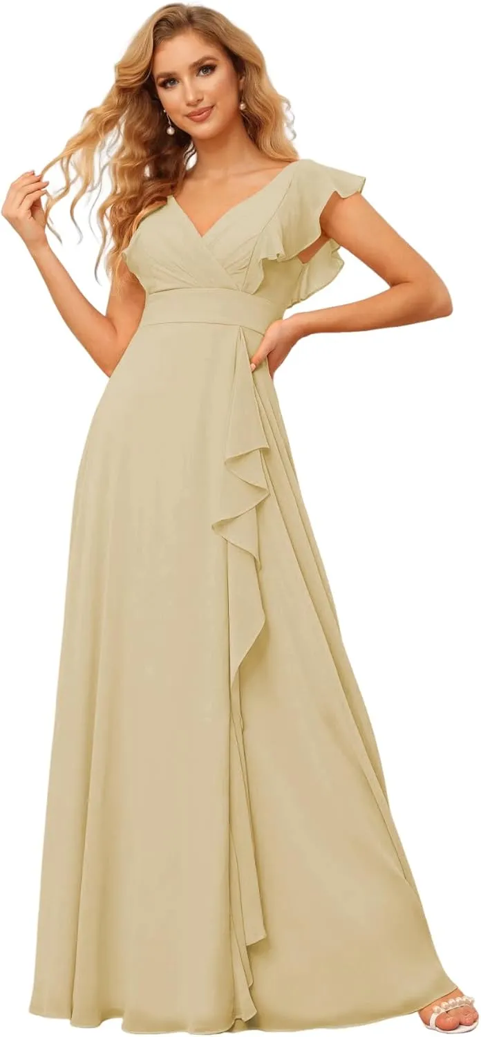 Women's V-Neck Bridesmaid Dresses 2025 Chiffon Ruffles Formal Dress A-Line Evening Gown with Split