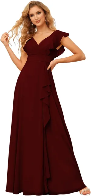 Women's V-Neck Bridesmaid Dresses 2025 Chiffon Ruffles Formal Dress A-Line Evening Gown with Split