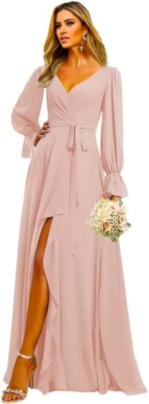 Women's V-Neck Long Sleeve Bridesmaid Dresses Plus Size Chiffon A Line Long Pleated Evening Gown with Slit PRY106