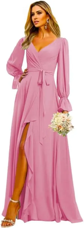 Women's V-Neck Long Sleeve Bridesmaid Dresses Plus Size Chiffon A Line Long Pleated Evening Gown with Slit PRY106