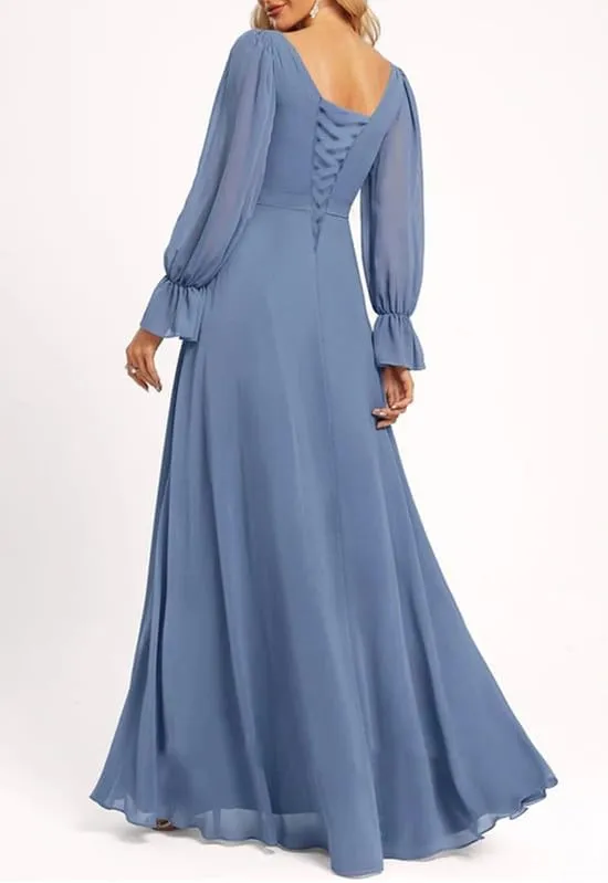 Women's V-Neck Long Sleeve Bridesmaid Dresses Plus Size Chiffon A Line Long Pleated Evening Gown with Slit PRY106