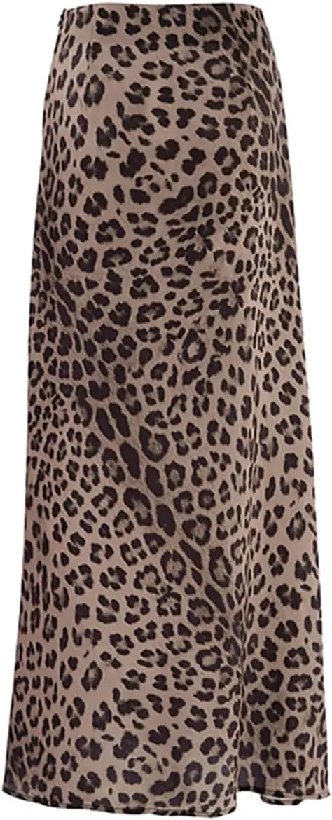 Womens Vintage Leopard Print High Waist Long Skirts Autumn Office Slim Zipper Skirts
