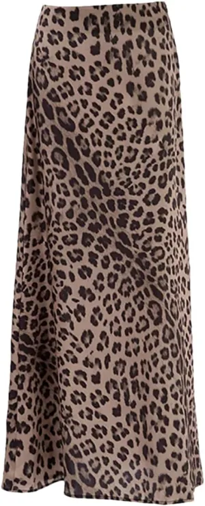Womens Vintage Leopard Print High Waist Long Skirts Autumn Office Slim Zipper Skirts