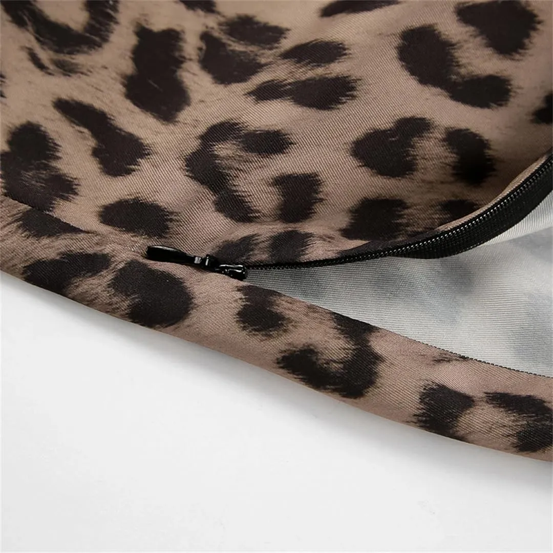 Womens Vintage Leopard Print High Waist Long Skirts Autumn Office Slim Zipper Skirts