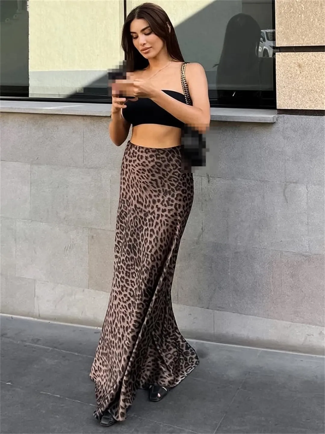 Womens Vintage Leopard Print High Waist Long Skirts Autumn Office Slim Zipper Skirts