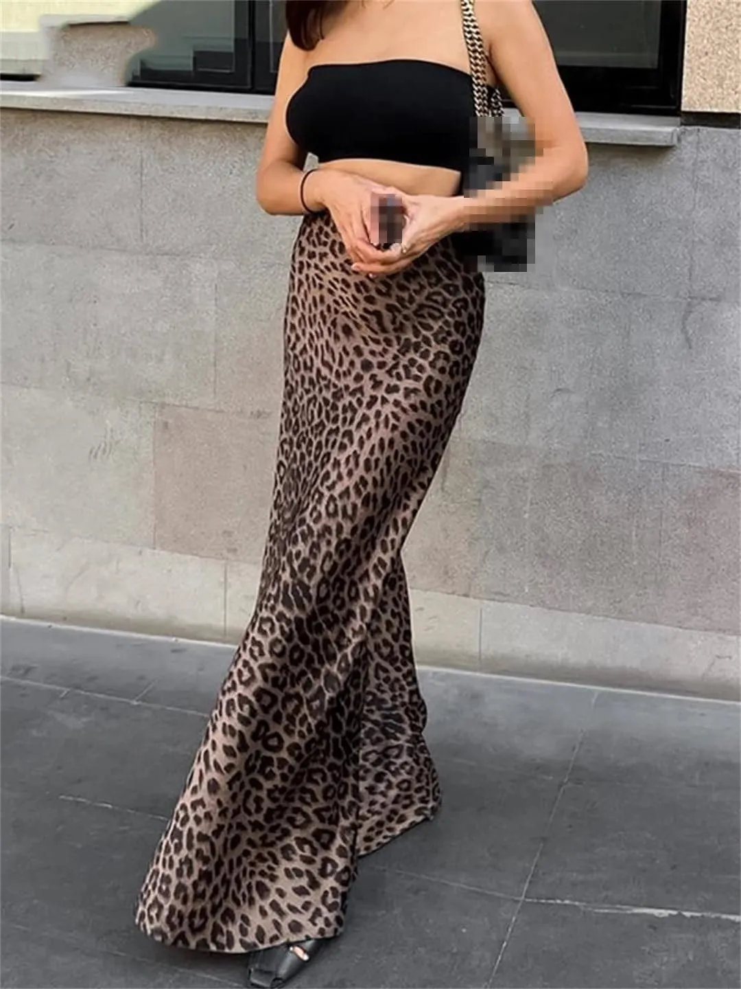 Womens Vintage Leopard Print High Waist Long Skirts Autumn Office Slim Zipper Skirts