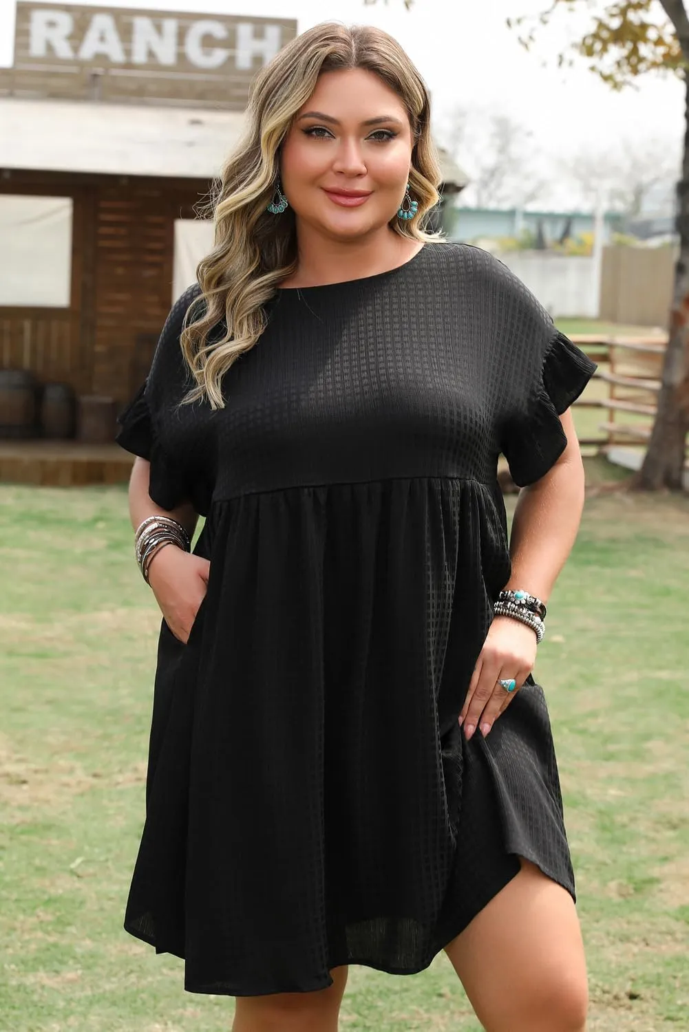 XAKALAKA Women's Summer Plus Size Textured Ruffled Sleeve Babydoll Dress Daily Basic Round Neck Mini Dress