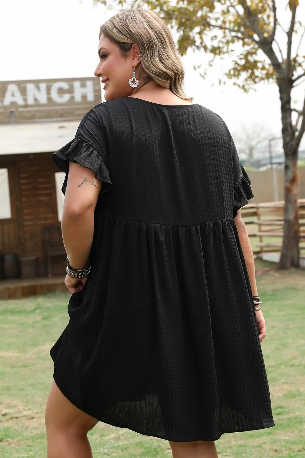 XAKALAKA Women's Summer Plus Size Textured Ruffled Sleeve Babydoll Dress Daily Basic Round Neck Mini Dress