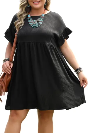 XAKALAKA Women's Summer Plus Size Textured Ruffled Sleeve Babydoll Dress Daily Basic Round Neck Mini Dress