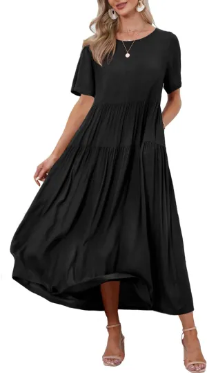 YESNO Women Casual Loose Bohemian Dress with Pockets Short Sleeve Long Maxi Summer Beach Swing Dresses
