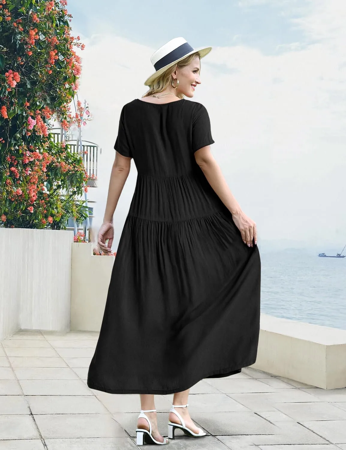 YESNO Women Casual Loose Bohemian Dress with Pockets Short Sleeve Long Maxi Summer Beach Swing Dresses
