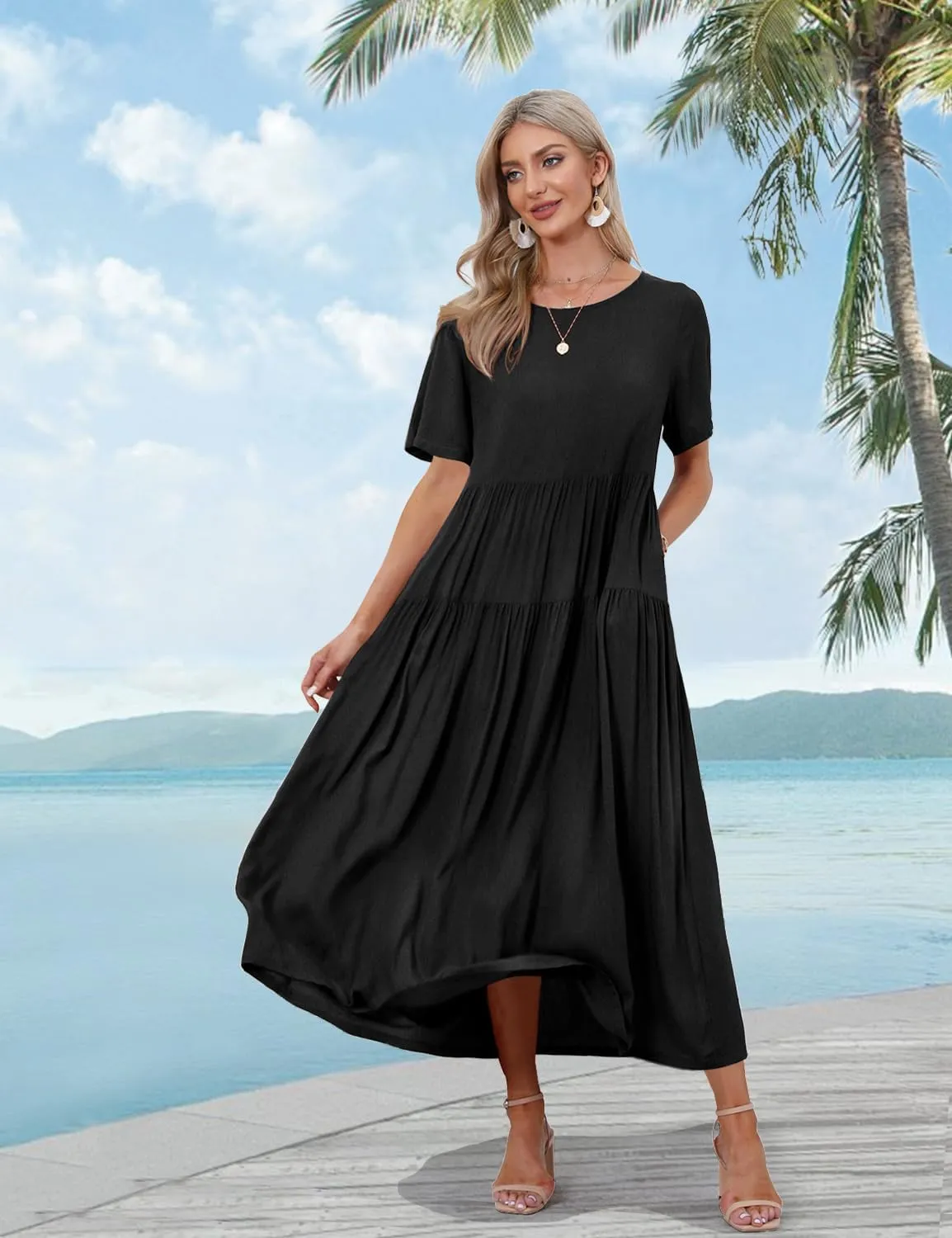 YESNO Women Casual Loose Bohemian Dress with Pockets Short Sleeve Long Maxi Summer Beach Swing Dresses