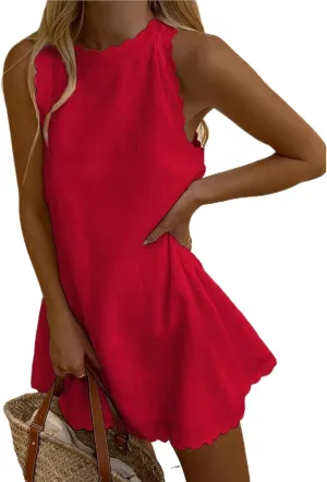 Yuemengxuan Womens Sleeveless Tank Dress V-Neck Scallop 2025 Summer Dresses Back Zipper Linen Casual Beach Sundress